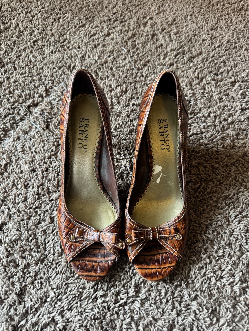 Franco Sarto Croc-Embossed Brown Peep Toe Heels with Bow